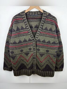 Peruvian Connection 100% Wool Bolivia Tribal Western Boho Heavy Cardigan Sweater